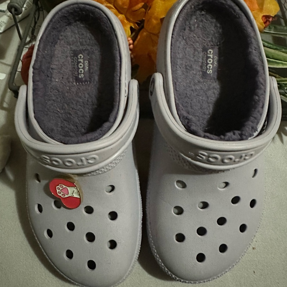 CROCS womens Gray Slippers with Paw Charm